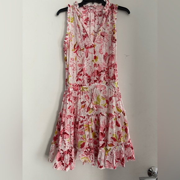 POUPETTE ST BARTH CLARA PINK FLORAL TASSEL EYELET  RUFFLE TIERED MINI DRESS M - Picture 2 of 4